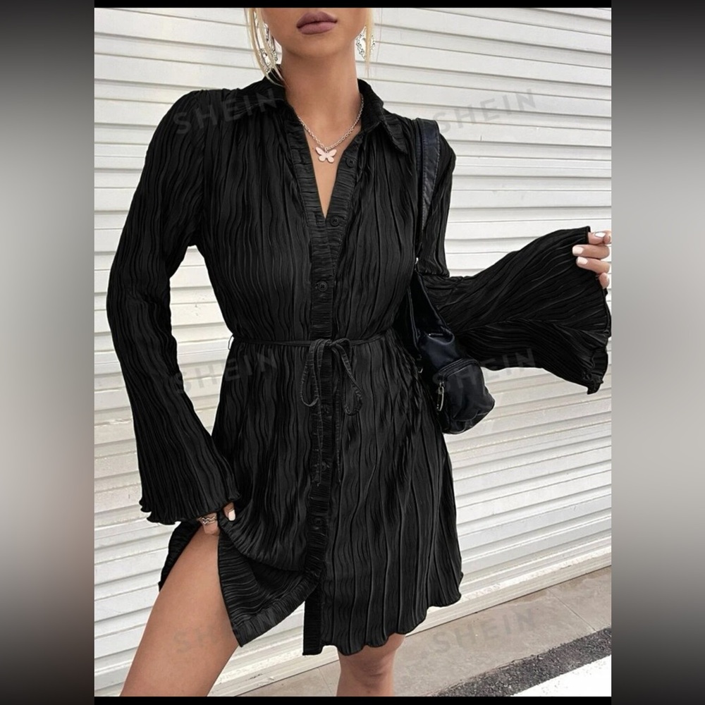 SHEIN ICON Textured Button Front Belted Shirt Dress